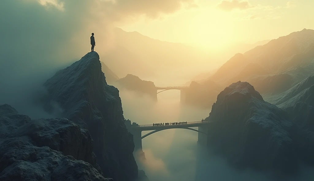 "a realistic, symbolic scene of a mountain peak draped in clouds where a lone person stands defiantly; below, another group forms a bridge of unity that traverses a deep valley, soft golden light from the horizon highlighting their connection, ultra-realis...