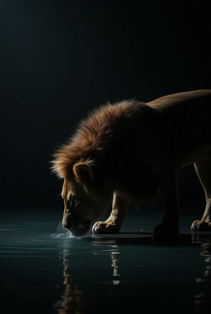  Create image of a lion ,  drinking water in a pool of water, Background must be dark ,  realistic image 