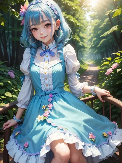 cute little fairy、 Lolita Fashion、Blue gradient hair、Rainbow Colored Feathers 、Tiffany color gingham check dress、Sweet Lori、 Lolita Dress Bow Hair Accessory ,  Anatomically Accurate, ,  Hoop Earrings 、Smiling Kindly、 Blushing , Leaf、forest、flower、flower冠、f...