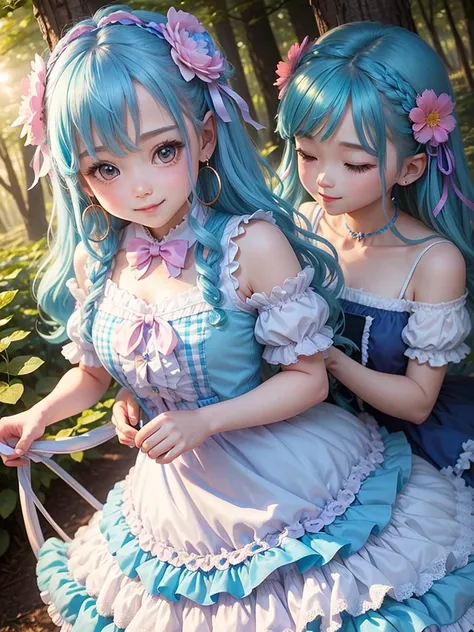 cute little fairy、 Lolita Fashion、Blue gradient hair、Rainbow Colored Feathers 、Tiffany color gingham check dress、Sweet Lori、 Lolita Dress Bow Hair Accessory ,  Anatomically Accurate, ,  Hoop Earrings 、Smiling Kindly、 Blushing , Leaf、forest、flower、flower冠、f...