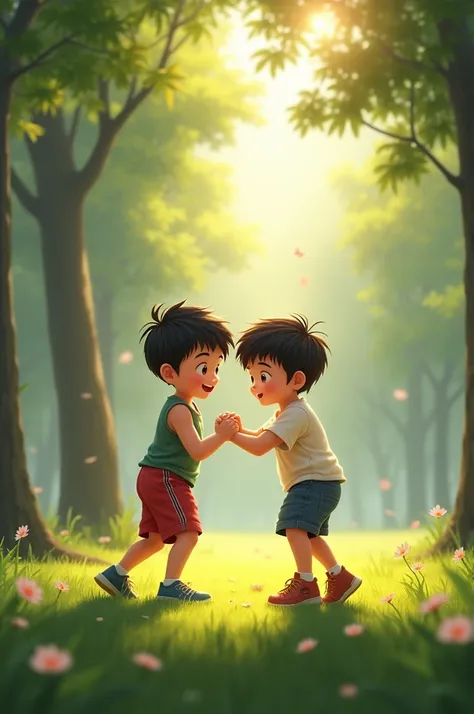 A bright, peaceful park in the early morning, with sunlight filtering through the trees, casting a warm glow on the green grass. In the middle, two young Chinese boys, around 8-, stand facing each other with excitement. One boy is smiling confidently, read...