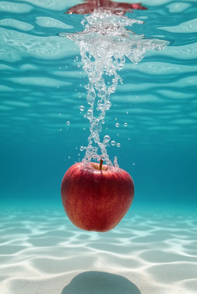 Create an ultra-realistic underwater photograph, capturing the precise moment an apple is in freefall, just after it enters a crystal-clear body of water. The shot should be highly detailed, showcasing the apple's deep red skin, dappled with droplets that cling to its surface. Tiny air bubbles, displaced by the apple's rapid descent, should be clearly visible, highlighting the fluid dynamics of the water. The water itself should be perfectly transparent, allowing for a vivid contrast between the apple's vibrant color and the soft blue hue of the surrounding aquatic environment. Light rays penetrating the water should create a subtle shimmer on the apple's surface, emphasizing its glossy texture. The apple should cast a softened shadow below, indicating depth and adding realism to its submerged state. In the background, a delicate play of refracted light patterns on the sandy floor should provide a serene backdrop, enhancing the artwork’s tranquil underwater setting.