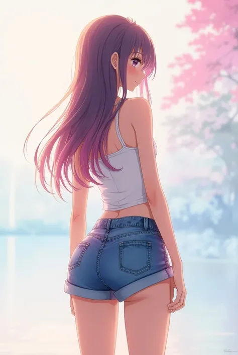 An anime girl wearing short denim shorts with her back turned