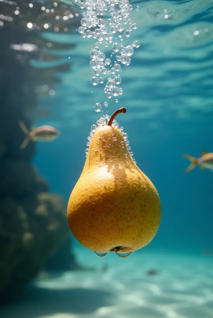 Imagine a photo capturing a golden pear leisurely drifting downward in a tranquil underwater setting. The pear’s skin should be richly textured, with sunlit dapples and the slight blemishes typical of its species. Surround it with a cloak of sparkling air bubbles, delicately tracing the pear's gentle descent through the clear blue water. The environment should be highly detailed, with the sunlight filtering through the water surface, casting whimsical light patterns and creating an ethereal halo effect around the pear. The scene's depth should be accentuated by the gradually blurring background, perhaps hinting at a few curious fish darting in and out of focus, drawn by the pear’s unusual presence. The overall atmosphere should reflect a harmonious blend of light and shadow, showcasing the delicate interplay of natural elements in an aquatic setting.

pattern 3 :  orange floating