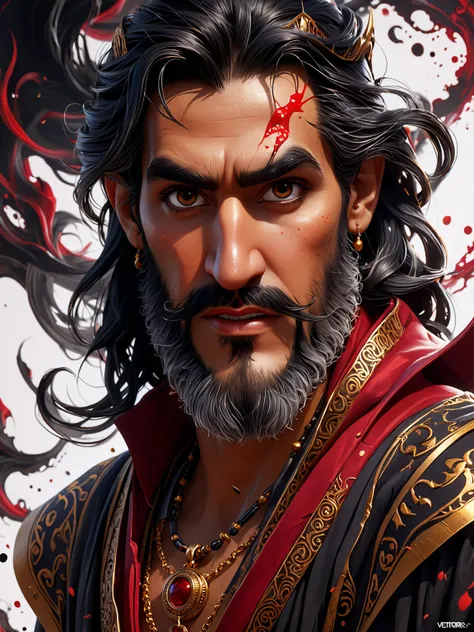 Vector Create an exquisite ink painting on white paper that is the perfect multi-exposure work of art. This piece was intended to combine the volume-shaded of Jafar the Vizier with a goatee beard. Hyper realistic .Tattoo style, paint splash, paint drip, co...