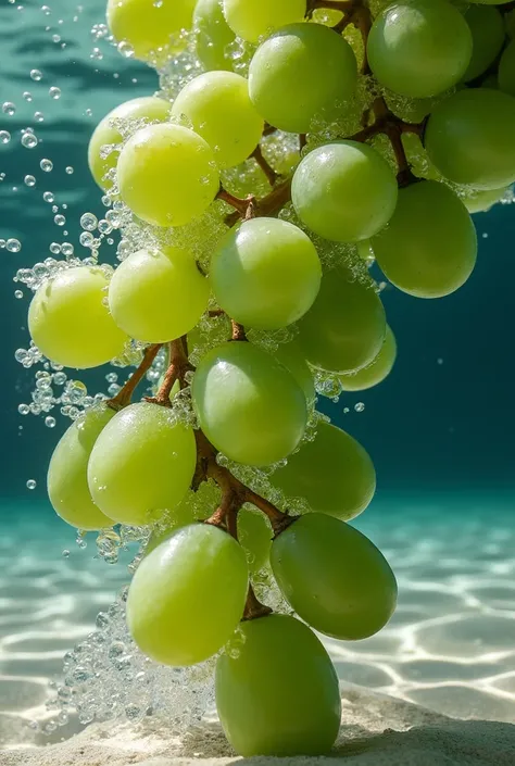 Imagine a dynamic close-up of a cascading cluster of grapes as they tumble into the water. The image should capture each grape with a hyper-realistic clarity, the glossy green skins glistening in the ambient light as they frolic through the liquid. Each gr...