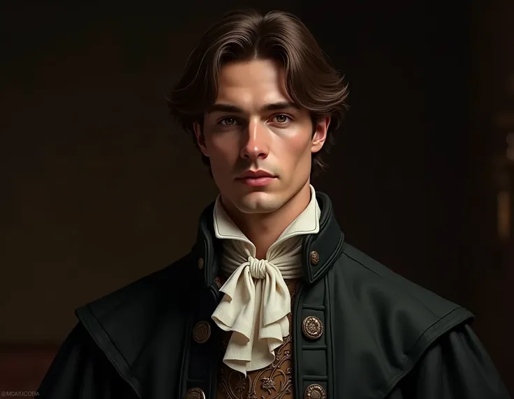  Create like an expert an image of the protagonist of a novel .  He is a man of breathtaking beauty , is 25 years old, The fair skin,  medium brown hair , is tall, strong, but not much.  He has a well-sculpted face ,  his hair falls through his eyes , The ...