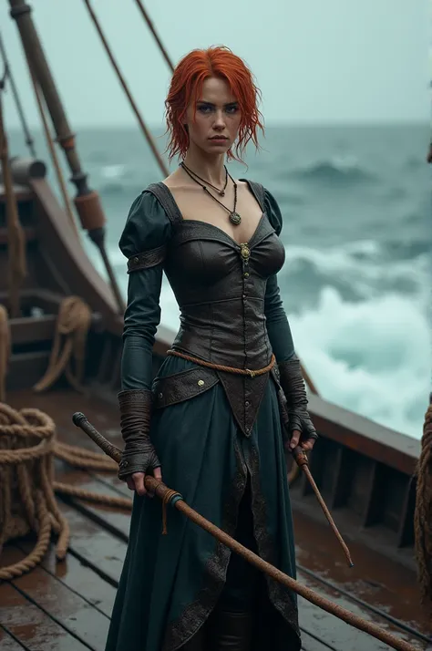 Targaryen woman with short hair oval face holding a whip all wet with medieval naval clothing on a fishing vessel