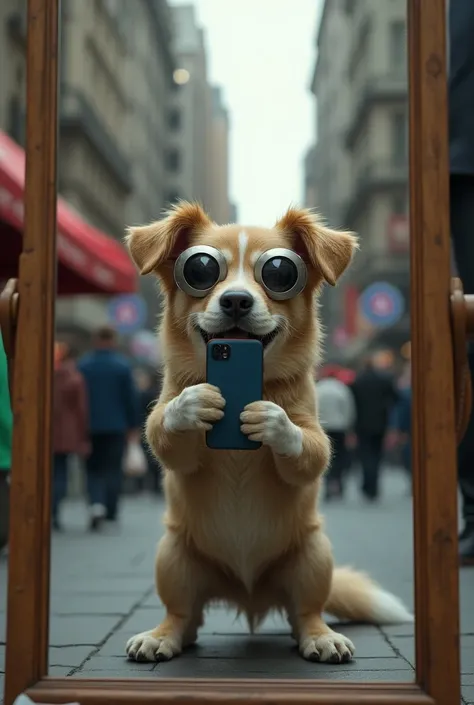 A dog with lenses taking a picture with his cell phone in the mirror standing with street flow in real life