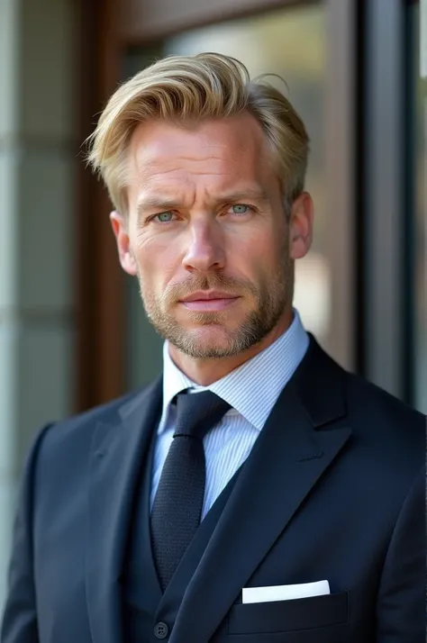 A blond European millionaire man  , White ,  with blue eyes in front of the Swiss bank 