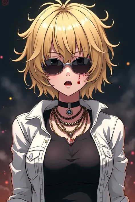 " Draw an anime-style character with short, messy blond hair , wearing sunglasses.  She wears a white jacket over a dark outfit with several layered necklaces and a choker .  The character has a serious wound on her forehead , with blood running down her f...