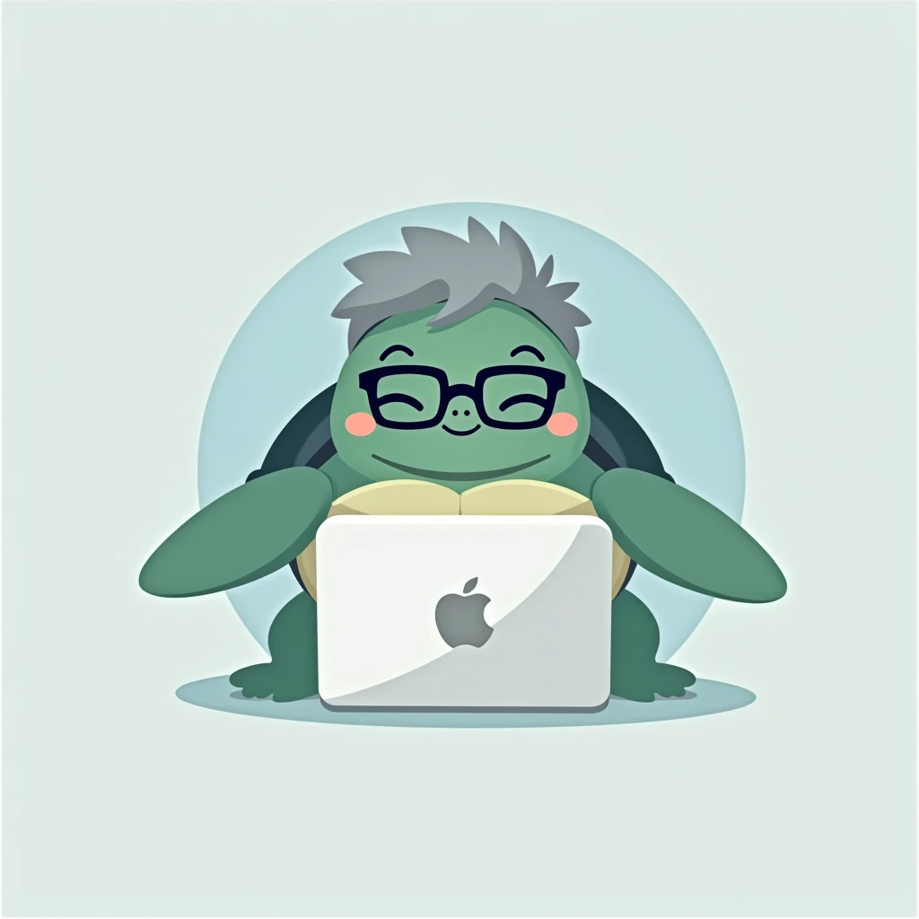 This minimalist logo features a happy and cute male sea turtle with short gray hair, square black-rimmed glasses, and a laptop computer. The sea turtle has thin eyebrows, a downcast smile at the rims of its eyes, and a peaceful expression. The sea turtle i...