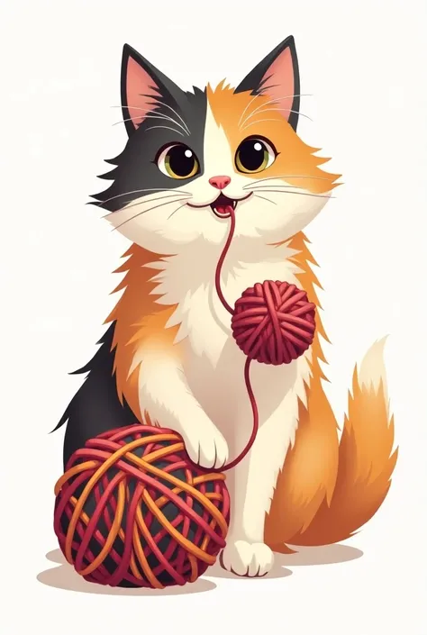 Long-haired tricolor cat playing with red or colored yarn ball , Make it look like a logo