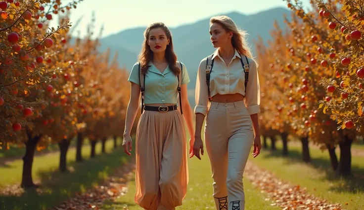 Maximum quality masterpiece, 4k resolution, (best quality,4k,8k,highres,masterpiece:1.2), ultra-detailed, (realistic,photorealistic,photo-realistic:1.37), HDR, Two stylish young women in retro-futuristic 1950s outfits walk through a beautiful mountain appl...