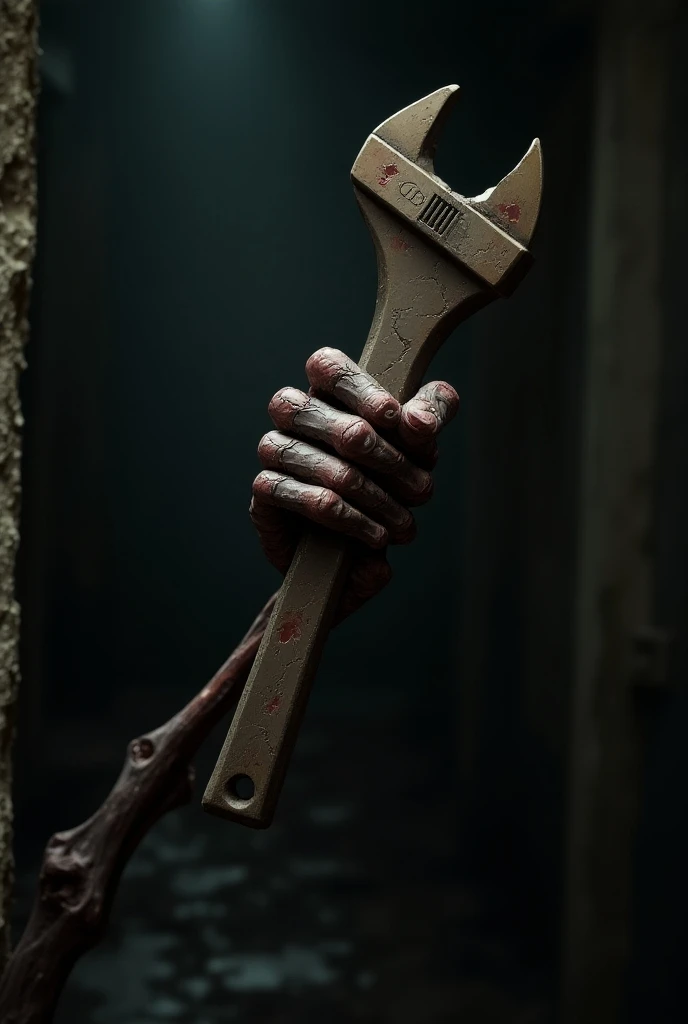 Zombie hand from behind with a wrench
