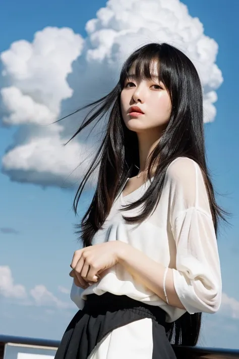 Korean girl whit black and long hair whit bangs in a concept photo, she is on a cloud