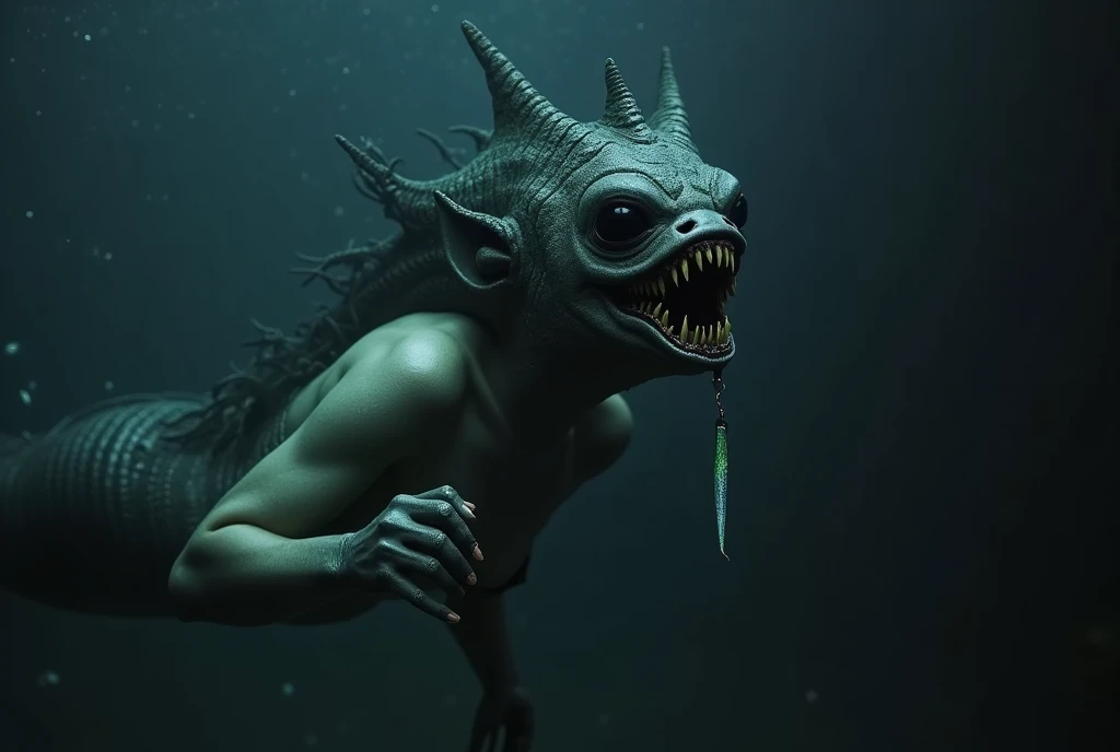 Deep in the ocean, a scary sexy mermaid approaches. Much like an angler fish she has a glowing lure dangling from her forehead, huge dark eyes, and an enormous toothy mouth
