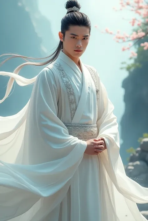 A very beautiful and handsome Chinese man wearing white and silver Chinese wuxia clothes 