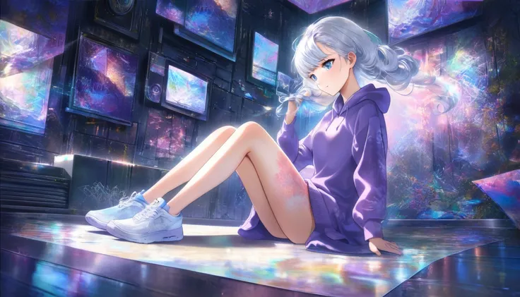 A blue-eyed girl with white hair and sky-colored eyes, wearing a purple hoodie, capris, and white sneakers, sits in a relaxed indoor setting with scattered bedding on a softly lit floor. The atmosphere is a mix of shyness and relaxation as she blushes, bru...