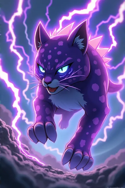  leopard type electro , Blue lightning eyes ,  purple with spots ,  lightning around him in Pokémon anime style