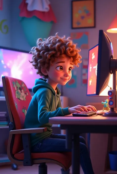 Pixar-like image a gamer PC a boy with curly hair and what does VLADIS Gamer say 