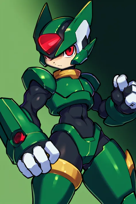 reploid man ,  green and black round helmet, red eyes, green and black armor , cañón arm