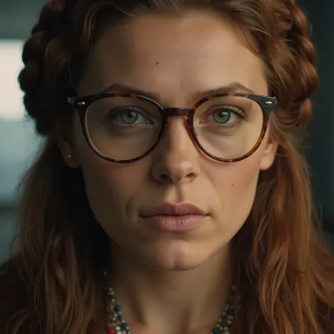  the hyperrealistic face of a teacher wearing glasses  , red-haired, facing the camera,  ,  with a little scabies for someone in front of the camera not far from the camera , behind an office desk filled with books 