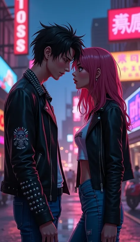 An anime scene capturing a punk couple, gazing at each other under the neon glow of a 1970s city. Their expressions are loving but intense, with wild hairstyles, band tees, and studded jackets, showing both passion and drama