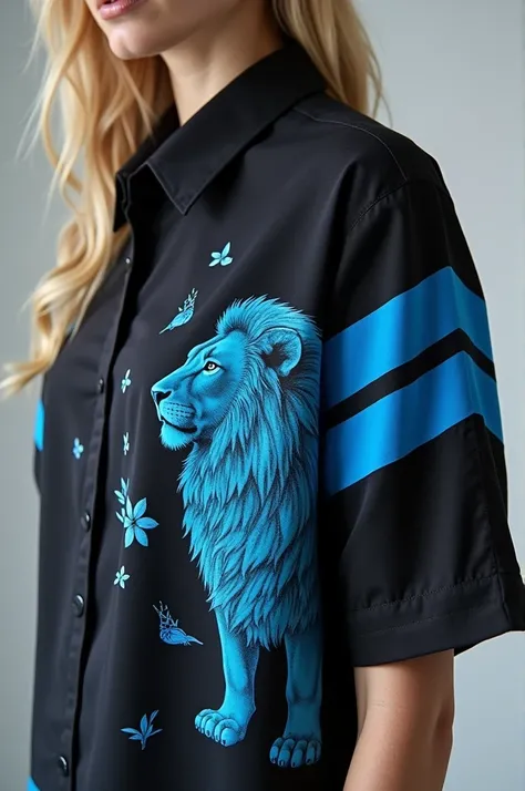 Black shirt on the sleeves, 3 blue stripes and on the corner of the blouse a blue lion on the sleeves, several flowers and the blouse. 