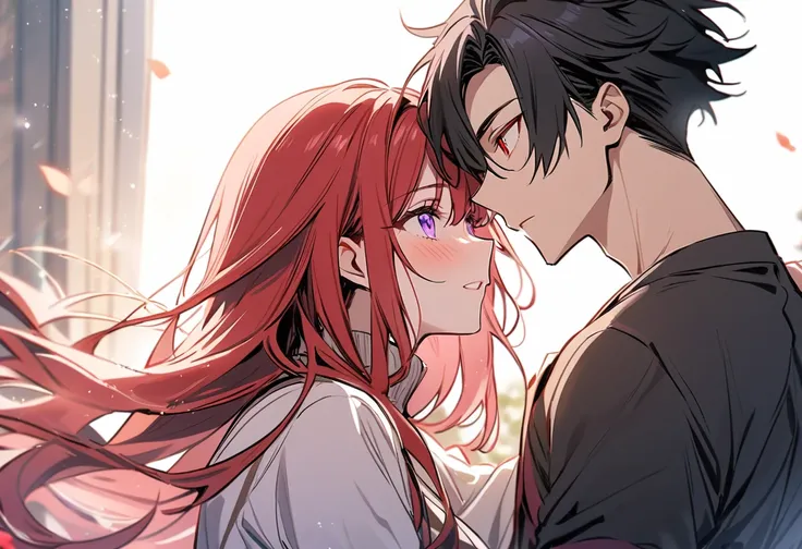 couple, 1 Girl 1 strong Boy, different hair color, (Girl long red hair and red eyes), (Boy short black hair and purple eyes), Romance