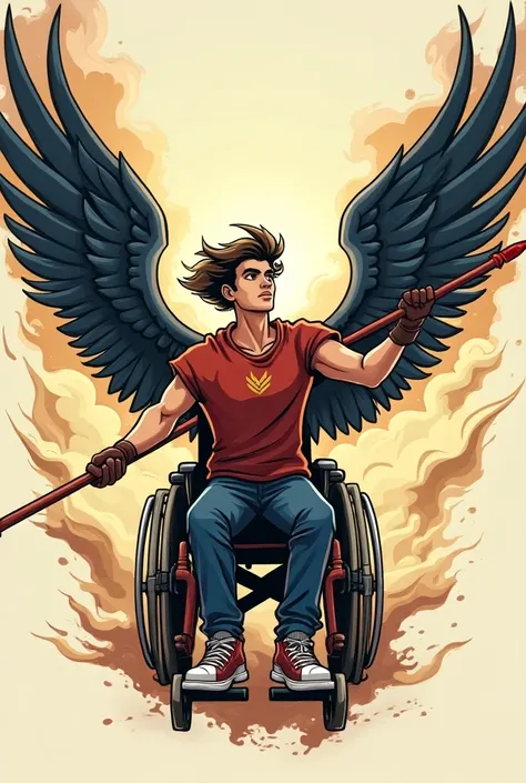 Make a coat of arms with wings in the background with a wheelchair on its side with the wheelchair user throwing a spear in the animated style