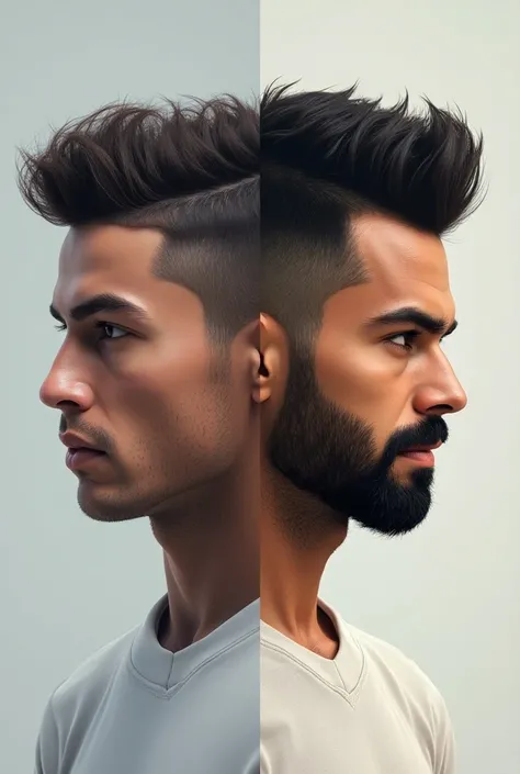 Emphasize their unique hairstyles. Cristiano Ronaldo is known for his short, sharp styles, and Virat Kohli has a more versatile look, often sporting a fade or well-groomed beard and hair.
Highlight the contrast in their haircuts to make it visually interes...