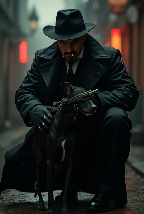  Create a brunette mafia with an expensive black suit and raincoat and black shoes,  wearing a mafiosi hat ,  on his fingers and a cigarette with smoke in his mouth ,  he holds a Thompson gun ,he has a greyhound , in 4K