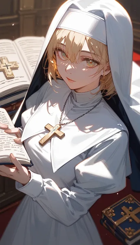 (Fraction_9,Fraction_8_Direction_7_above), （(1 woman）,((adult woman)), (Close shot）), Priest, Nun, White holy light, white nuns dress, Book in hand, cross, beautiful and impeccable golden eyes, black,