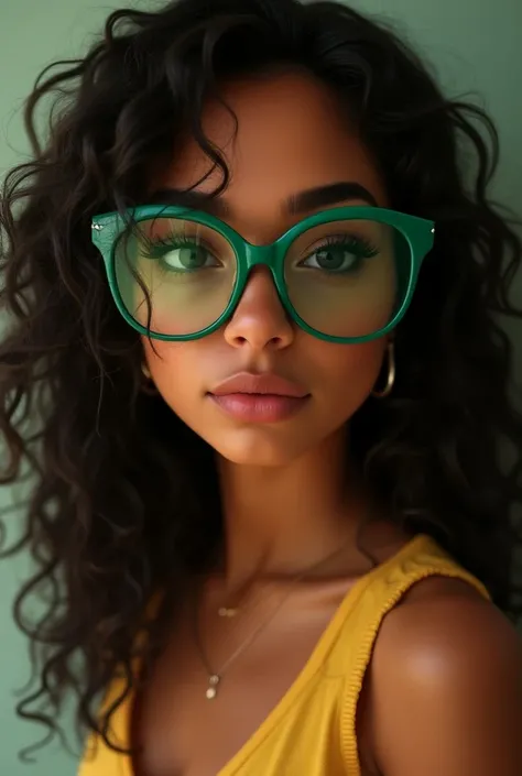 Image of Colombian girl,  healthy broad back, incredible double chin, big green glasses. And dark curly hair passed to coffee, brown skin. of s