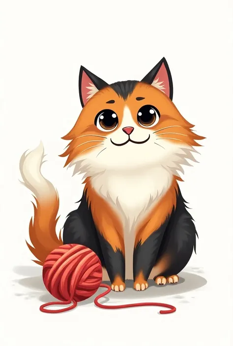 Long-haired tricolor cat playing with red or colored yarn ball , Make it look like a logo