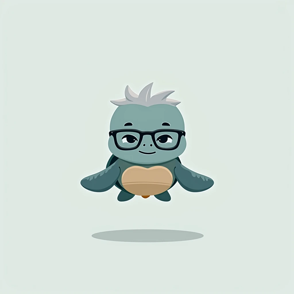 This minimalist logo features a happy and cute male sea turtle with short gray hair, square black-rimmed glasses, and a laptop computer. The sea turtle with short gray hair has thin eyebrows, a downcast smile at the edges of his eyes, and a calm expression...