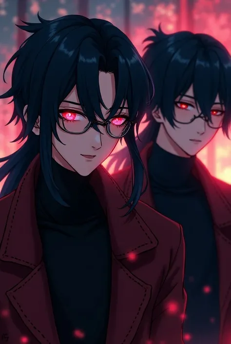 Men tied their hair, wearing glasses, black hair, red eyes, wearing long sweaters
high175 babes anime