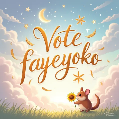 Dreamy and enchanting typography “VOTE FAYEYOKO R5” whimsical and elegant font, pastel colors, soft gradient transitions, swirling ethereal clouds, sparkling starry background, gently shining crescent moon, delicate fluttering feathers, surreal and magical...