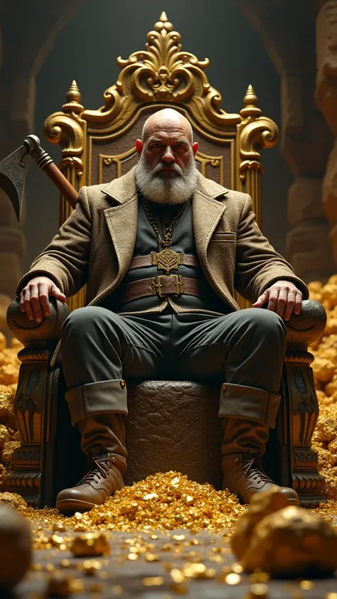 a powerful mining king, holding a pick on his shoulders, sitting on an imposing throne forged from rough stone and veined with shining gold, in front of a mining cave, gold lying on the ground with mud, crime boss who owns a lot of gold, hyper realistic, f...