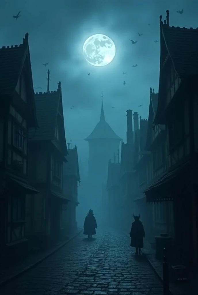 Shady villages at night with fog .
 Full Moon and shadows of creatures on the streets.