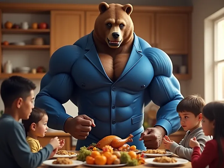 A broad-shouldered mesomorphic anamorphic bodybuilder bear dress in a tight fitting blue suit helps his family with Thanksgiving dinner