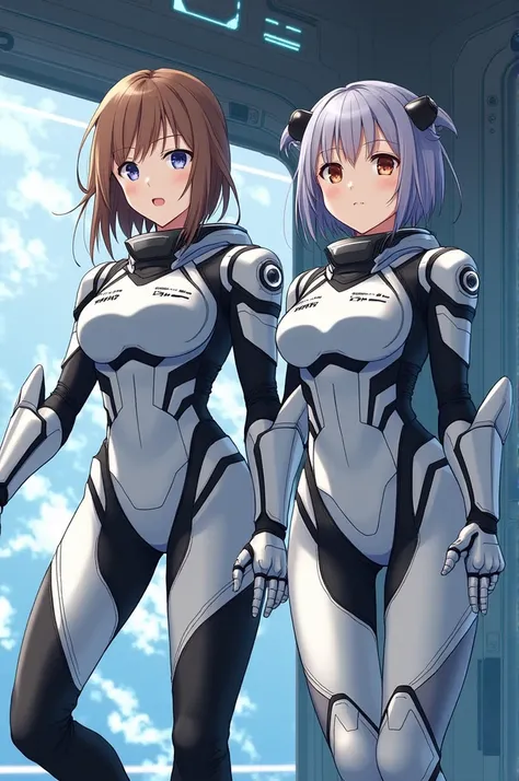 masterpiece:1.4, masterpiece, Highest quality, high resolution, newest, 2girls, friends, (group shot):5, (upper body):5, kyoto animation style, detailed, BREAK space station interior, zero gravity environment, floating, BREAK (white and black mechanical sp...