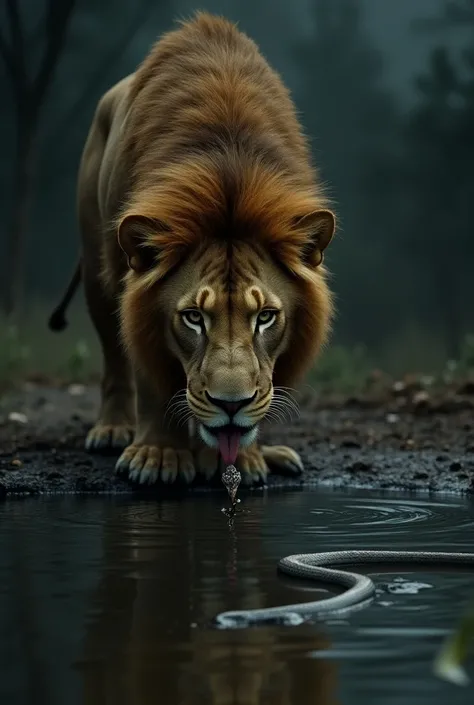 Create an image of a lion , Drinking water and in a pool of water ,  and inside the puddle there is a snake taking the boat ready to attack,  The background must be dark ,  realistic image  