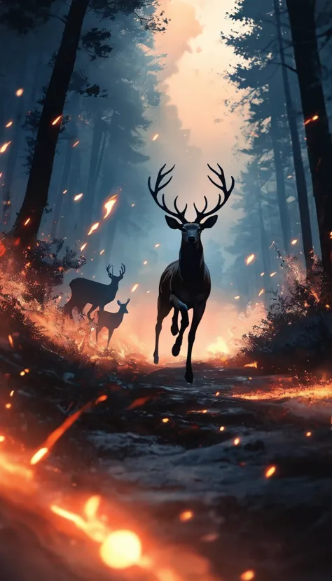 score_9, score_8_up, score_7_up, score_6_up, low angle, anime, no human, a deer, running, forest, night, forest on fire, smokey environment, blurry, ember, flare, fire sparks, moonlight