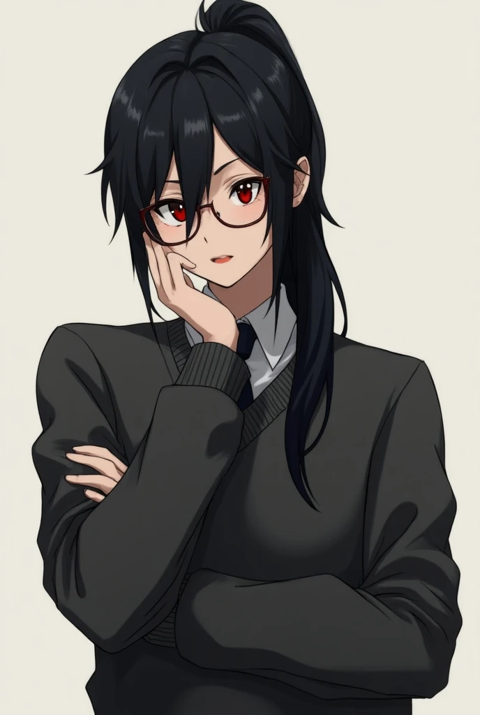 Men tied their hair, wearing glasses, black hair, red eyes, wearing long sweaters
Tall 175 nice anime long hair but not very long. Lets be a full character, minimal coat color, good, unartificially intelligent, eat like a gojo