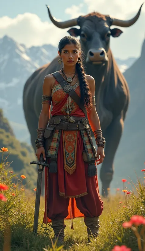 Create a detailed and realistic prompt for a Nepali warrior woman walking straight with a giant cow in the background. Provide character details matching Nepali culture and warrior attire, including: * Accurate representation of Nepali traditional clothing...