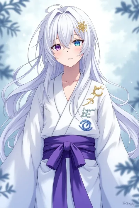 a boy with pale white skin, and long snow-white hair, with heterochromia eyes one purple eye and one blue eye, wearing a white kimono, with a purple waistband, that has the symbols of the elements fire, water, earth, and air (anime art style)