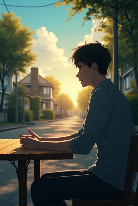  Close-up of the street suburban illuminated by a soft late afternoon light,  with houses in the background and trees casting long shadows ,  while the character observes the scene .
 Side image of the young man sitting at the table ,  laughing and gesturi...