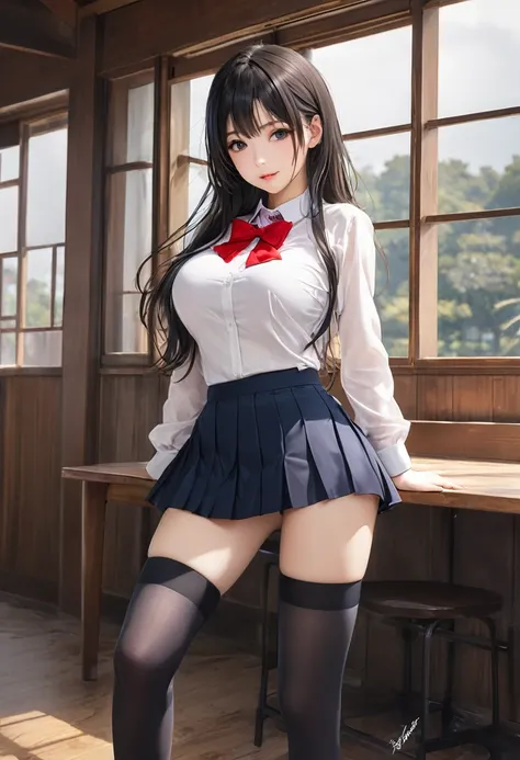 best quality, Reality, 1 Girl, Miss, black long hair, 8K、RAW photographgraphy、Highest quality、masterpiece、erotic、student,White skin,(black stockings),((Big Breasts)),masterpiece,Highest quality、High resolution,high school girl,standing,（Realistic：1.37）,Cut...